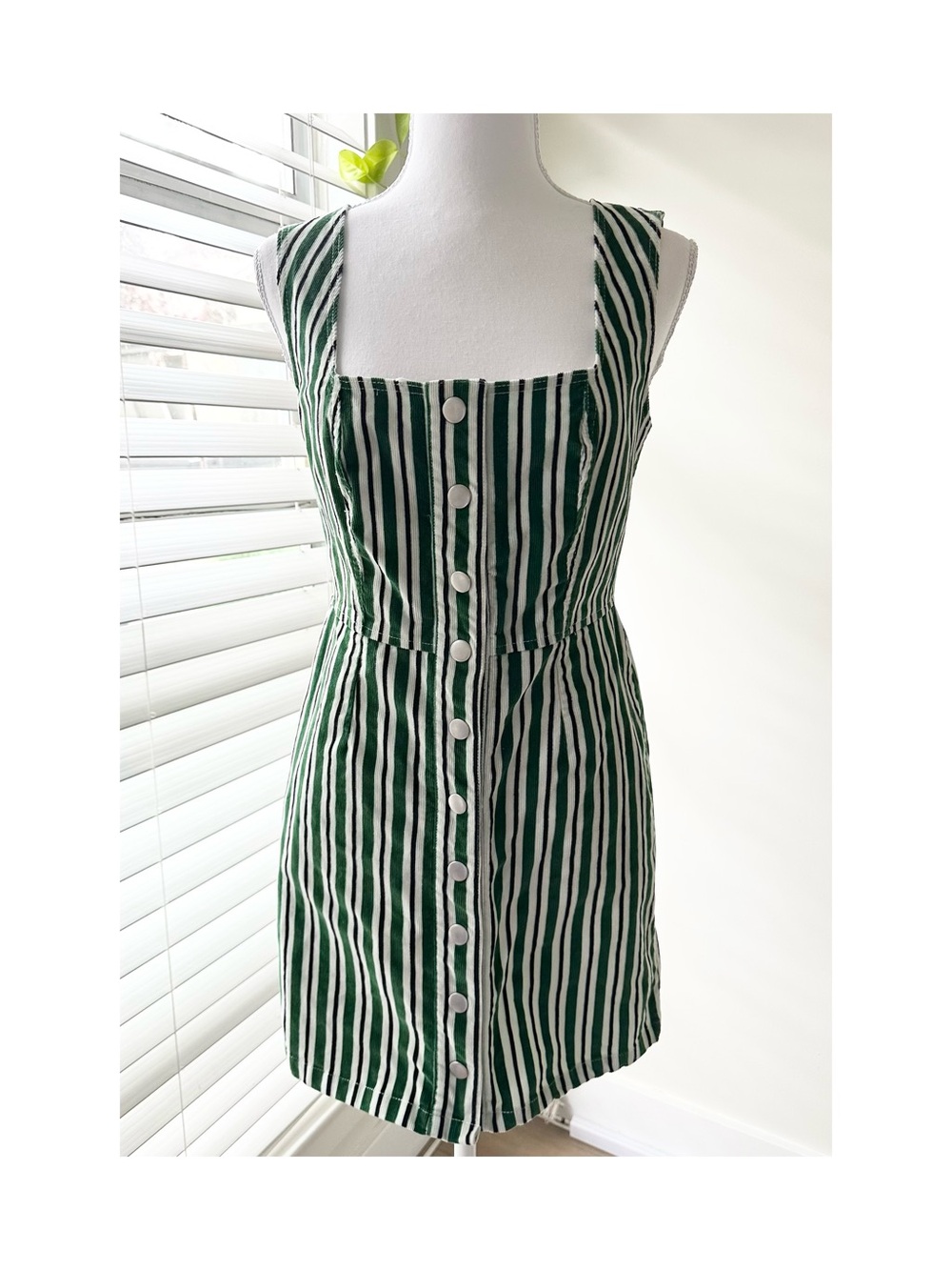Urban Outfitters Green and White Striped Button-Front Mini Dress